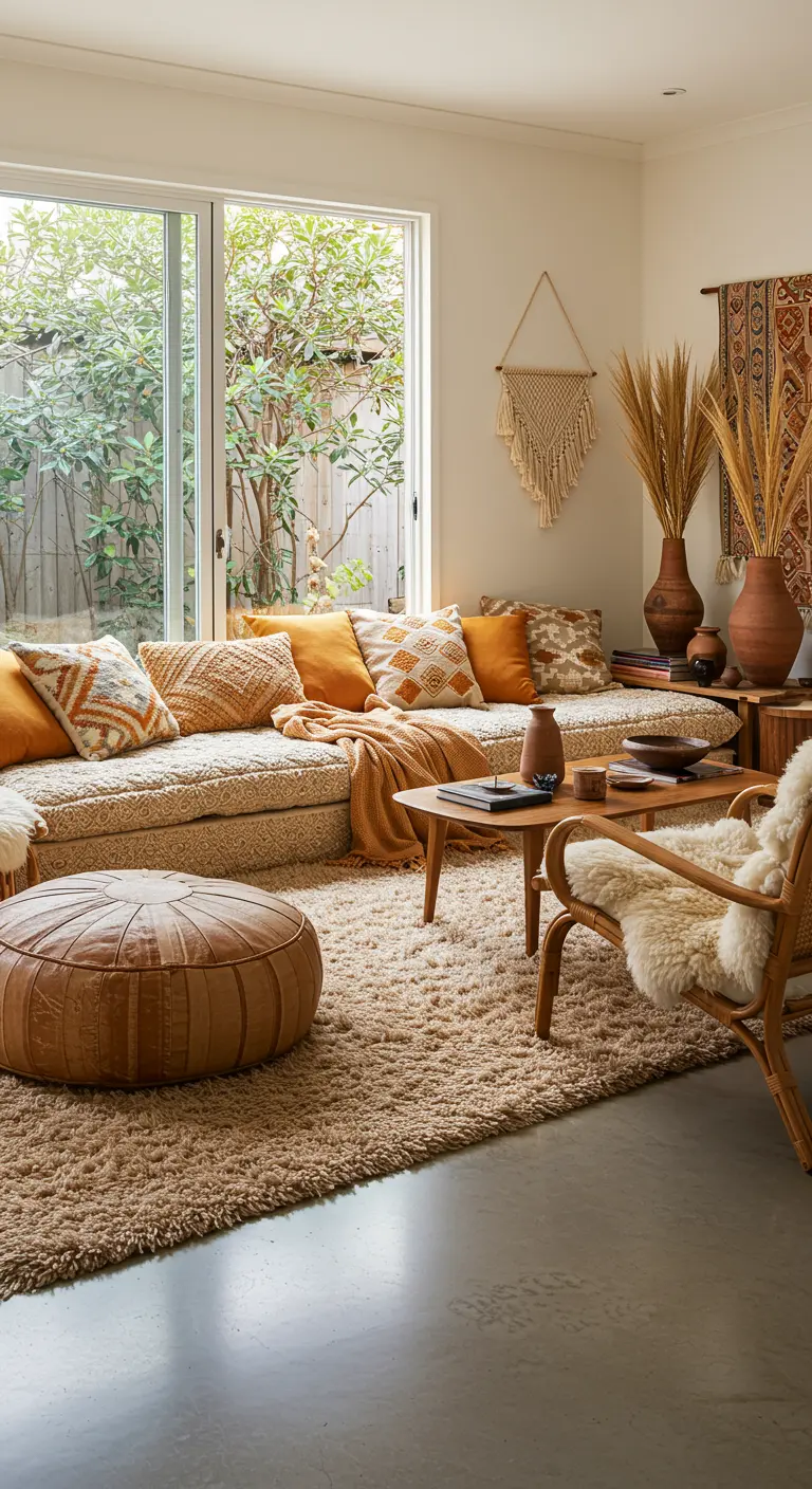 Salon lumineux avec canapé bas, coussins colorés, tapis shaggy et un grand pouf en cuir marron.