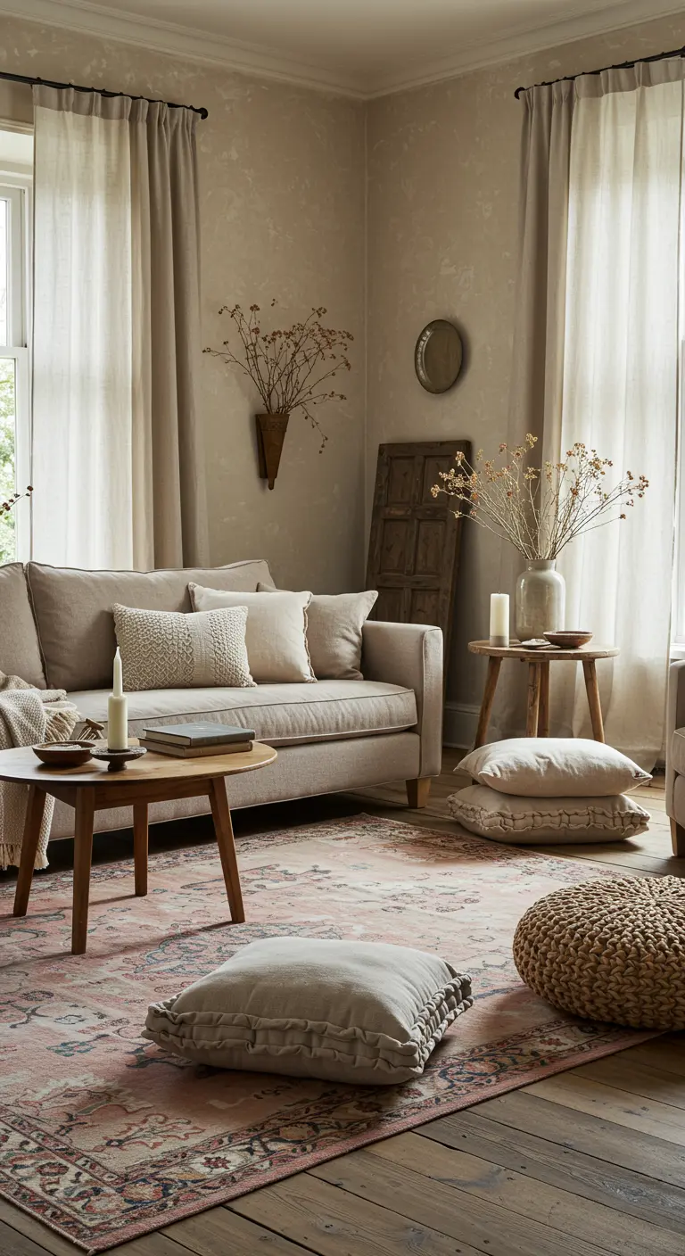 Salon cosy aux tons beiges et rosés avec canapé, tapis vintage, pouf et coussins de sol moelleux.