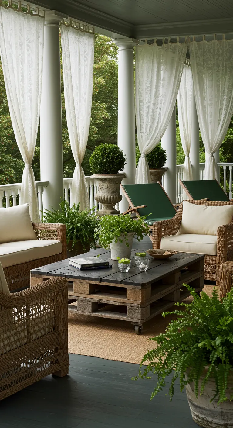 Petit balcon aménagé pour le thé avec table pliante, suspensions florales et rideau léger.