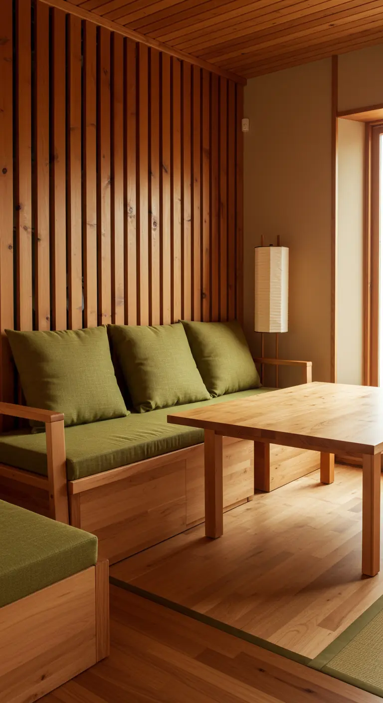 Salon Japandi avec mur d'accent en lattes de bois, banquette verte intégrée et table en bois.