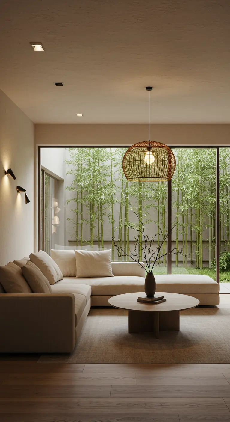Salon Japandi avec canapé beige, vue sur jardin de bambous, table basse ronde et suspension tressée.
