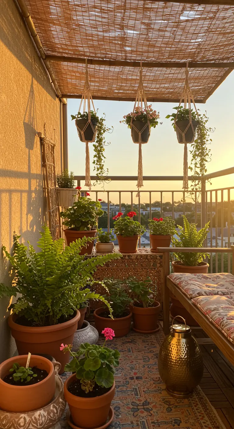 Balcon bohème au coucher du soleil avec des plantes en macramé et des pots en terre cuite.