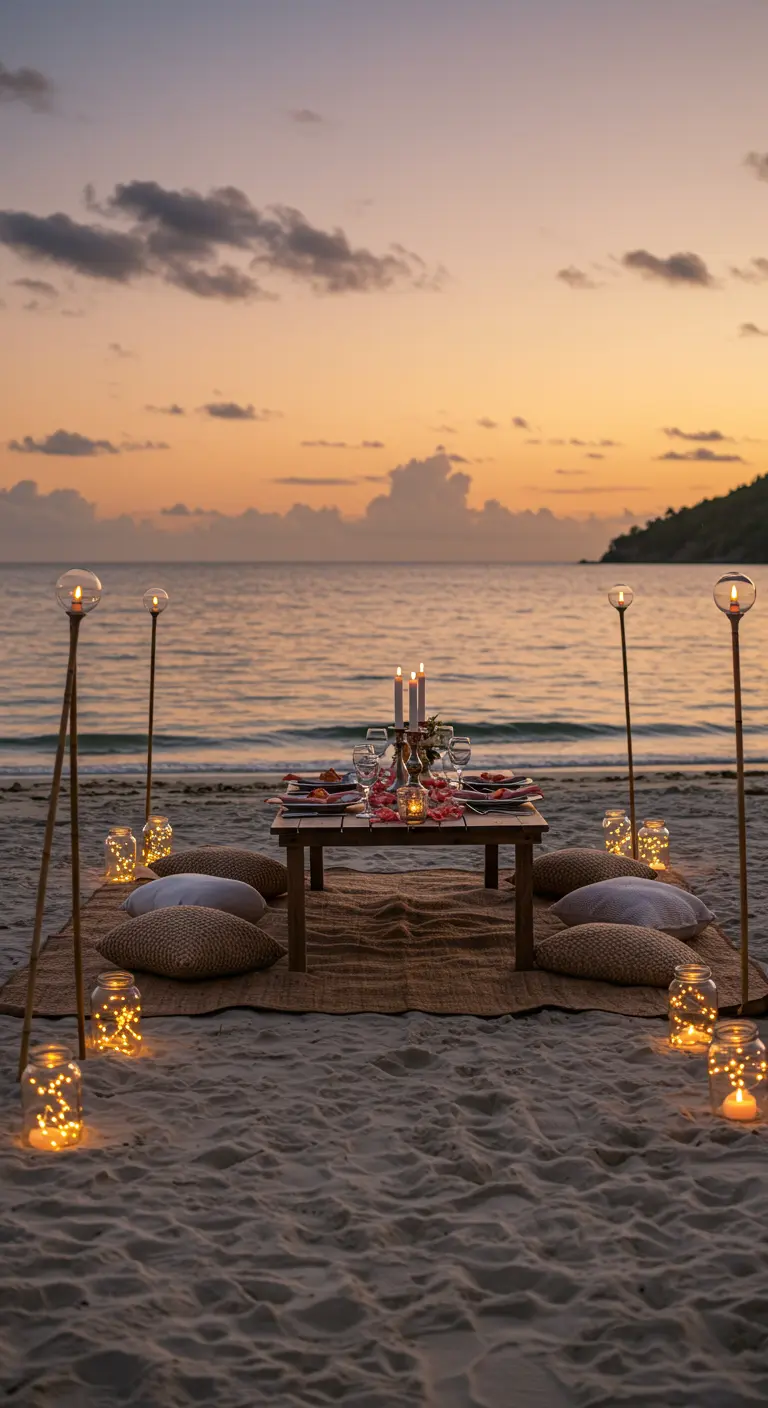 Dîner romantique sur la plage au coucher du soleil avec des lanternes.