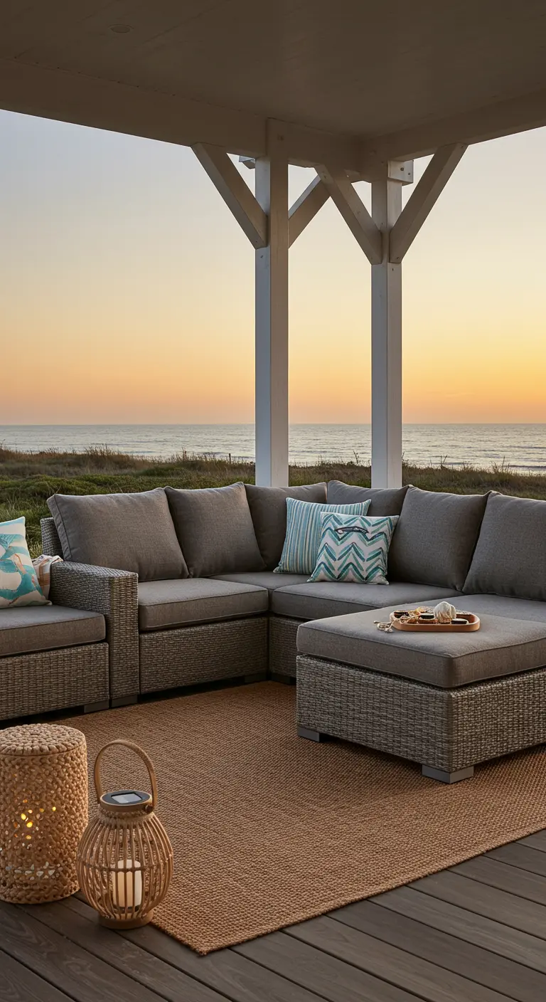 Canapé d'extérieur en résine tressée grise face à la mer au coucher du soleil.