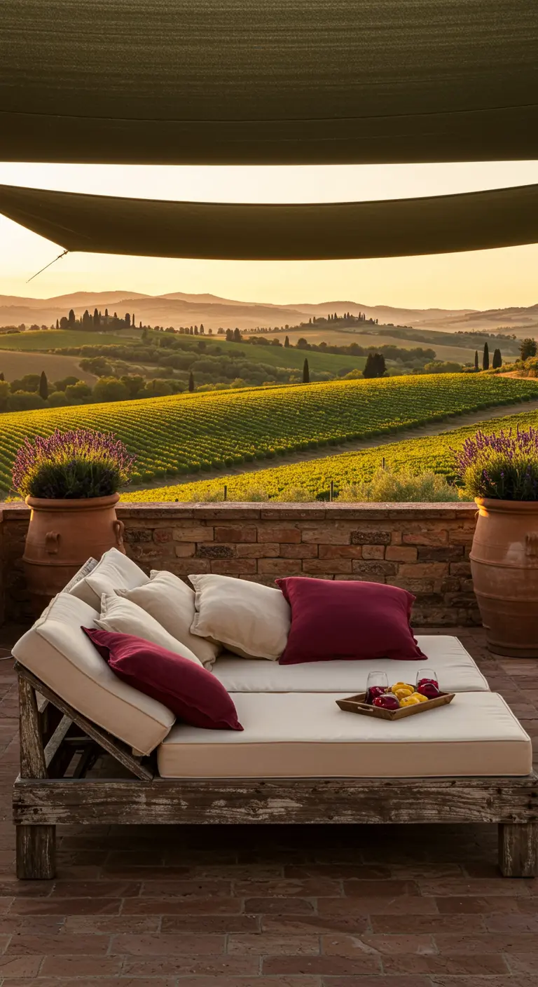 Lit de jour sur une terrasse surplombant les vignobles toscans