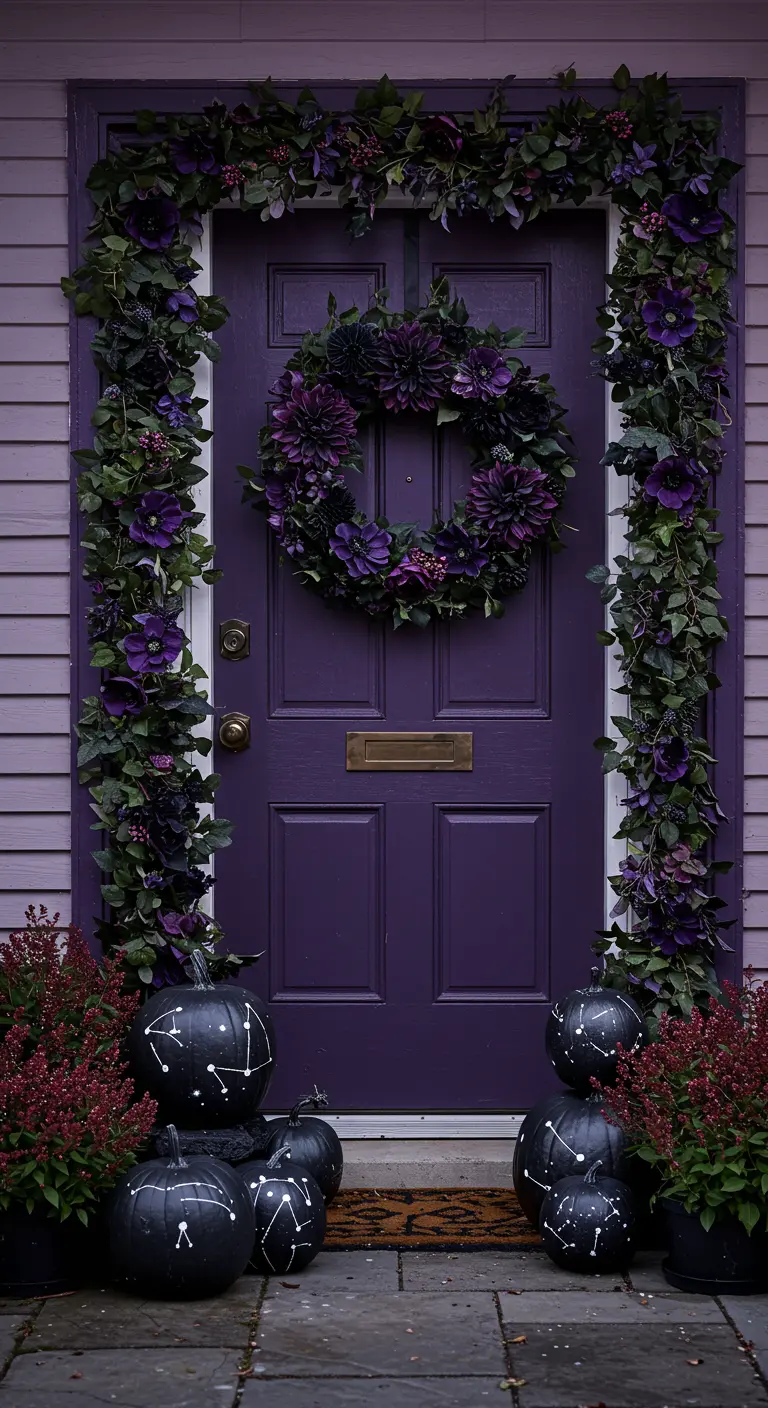Porte violette avec couronne et guirlande de fleurs violettes.