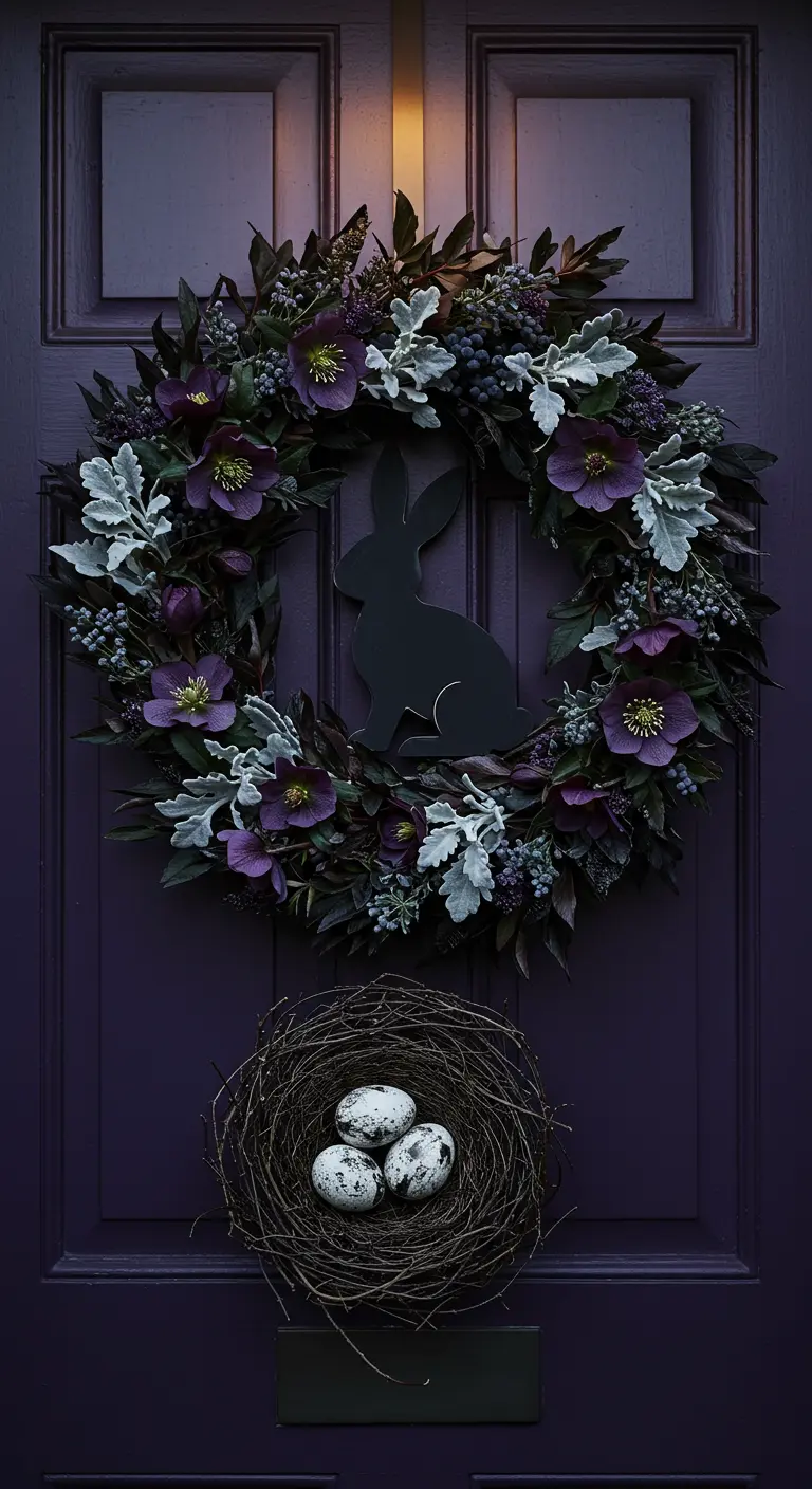 Couronne de fleurs violet foncé et feuillage argenté sur porte sombre.