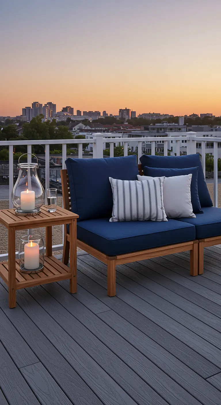 Terrasse sur le toit avec un canapé en bois, des coussins bleu marine au coucher du soleil.