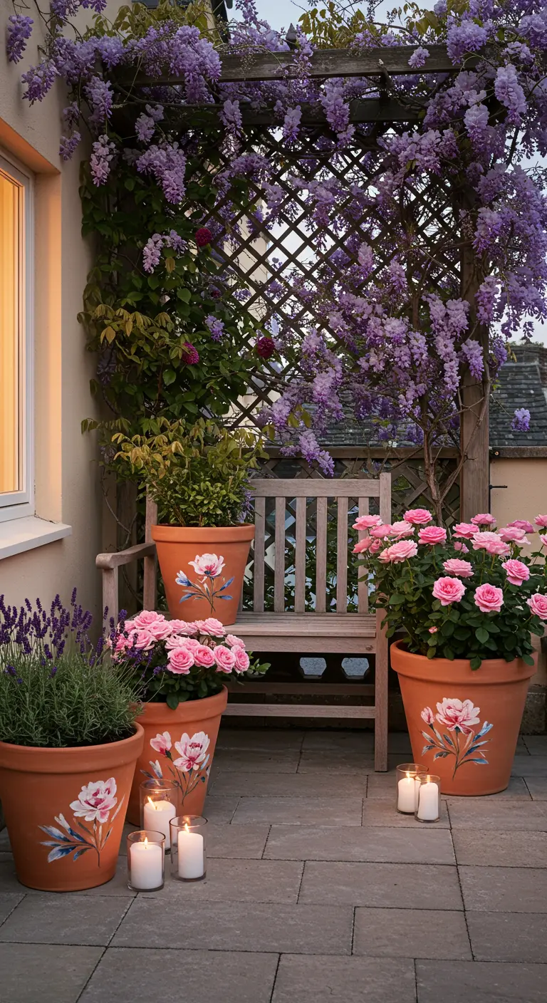 Terrasse le soir avec une glycine, des pots peints de fleurs et des bougies.