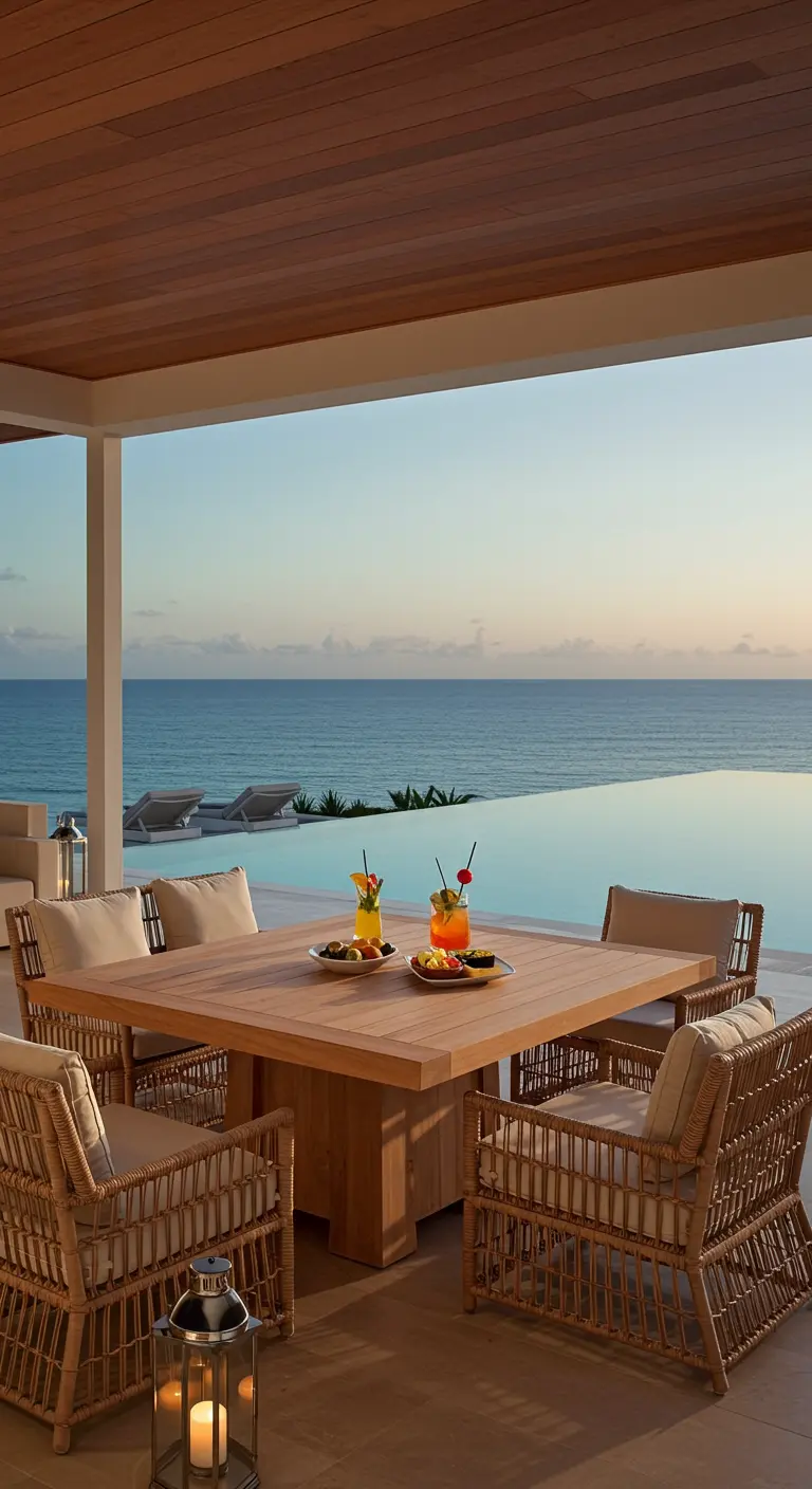 Table en bois et fauteuils en rotin au bord d'une piscine à débordement face à l'océan.