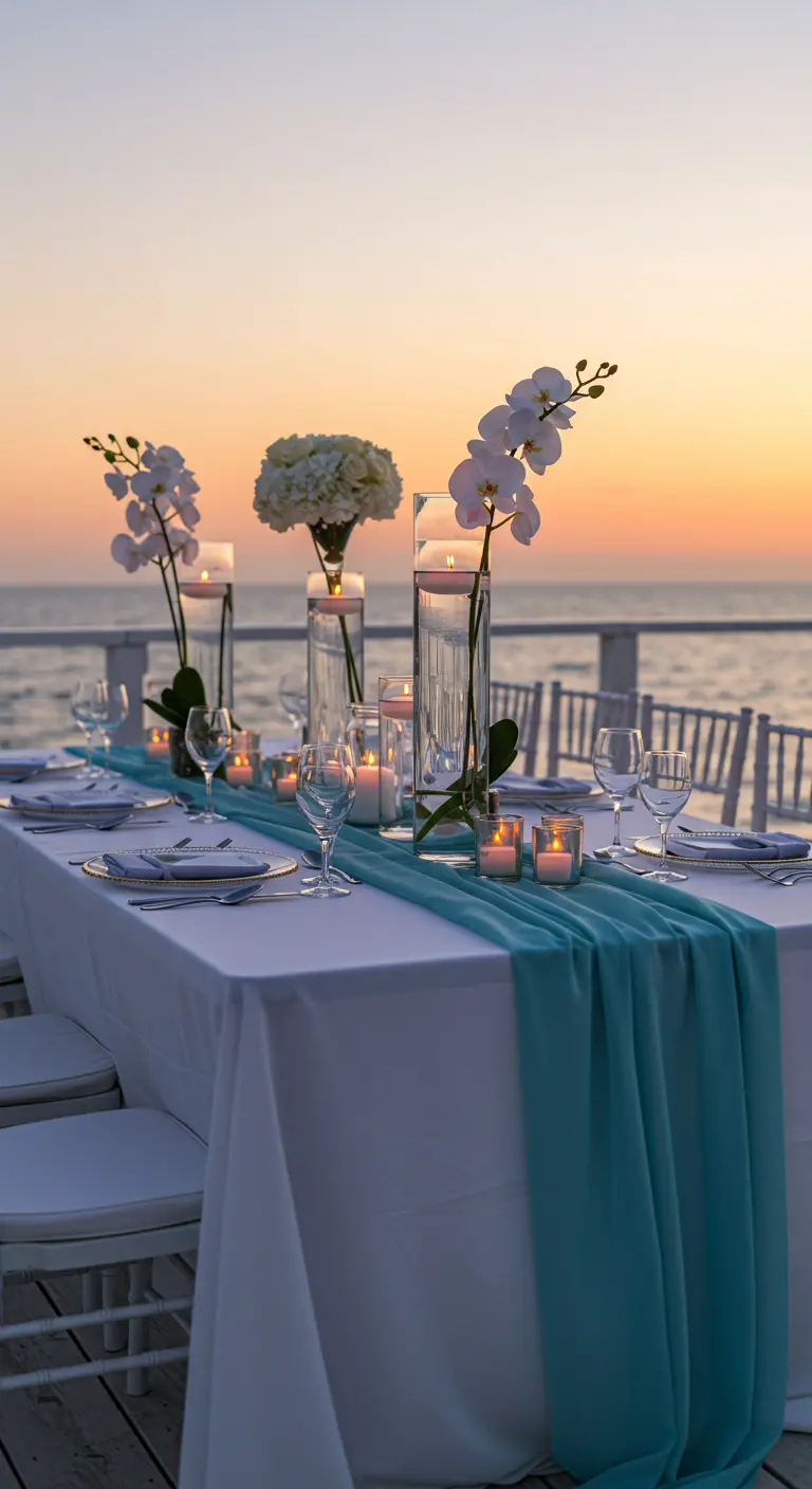 Table de mariage en bord de mer au coucher du soleil, avec un chemin de table turquoise.