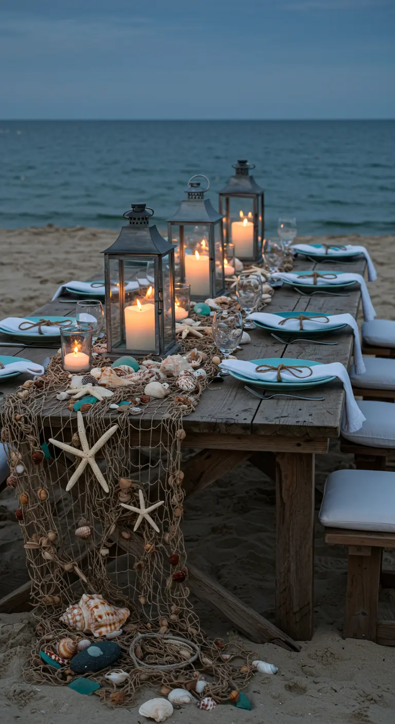 Table en bois sur la plage avec filet de pêche, coquillages et lanternes allumées au crépuscule.