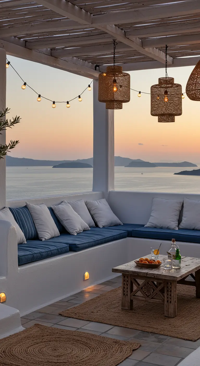 Terrasse blanche et bleue de style grec avec des suspensions en rotin et vue sur la mer