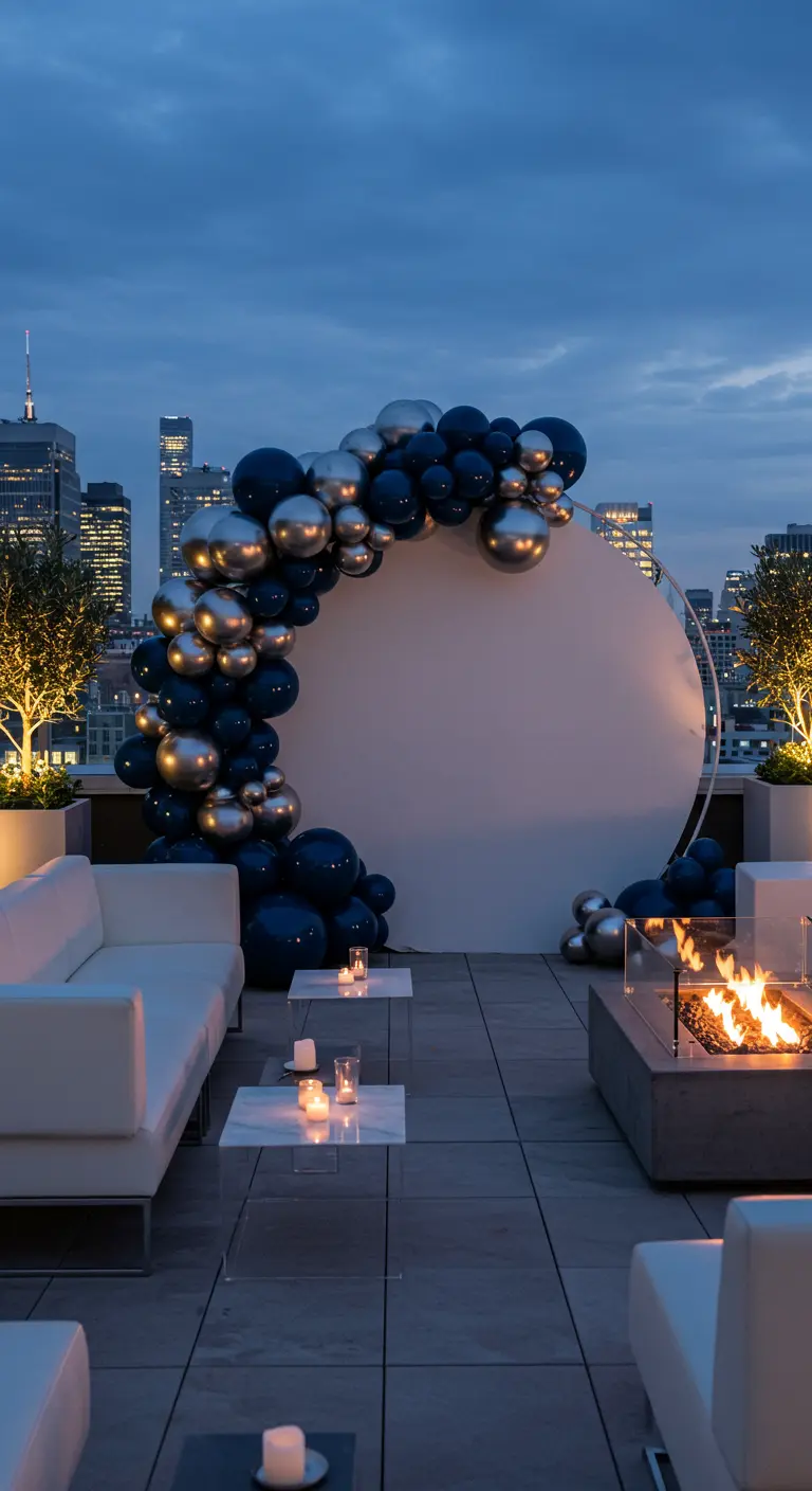 Demi-arche de ballons bleu nuit et argent sur un rooftop avec vue sur la ville.