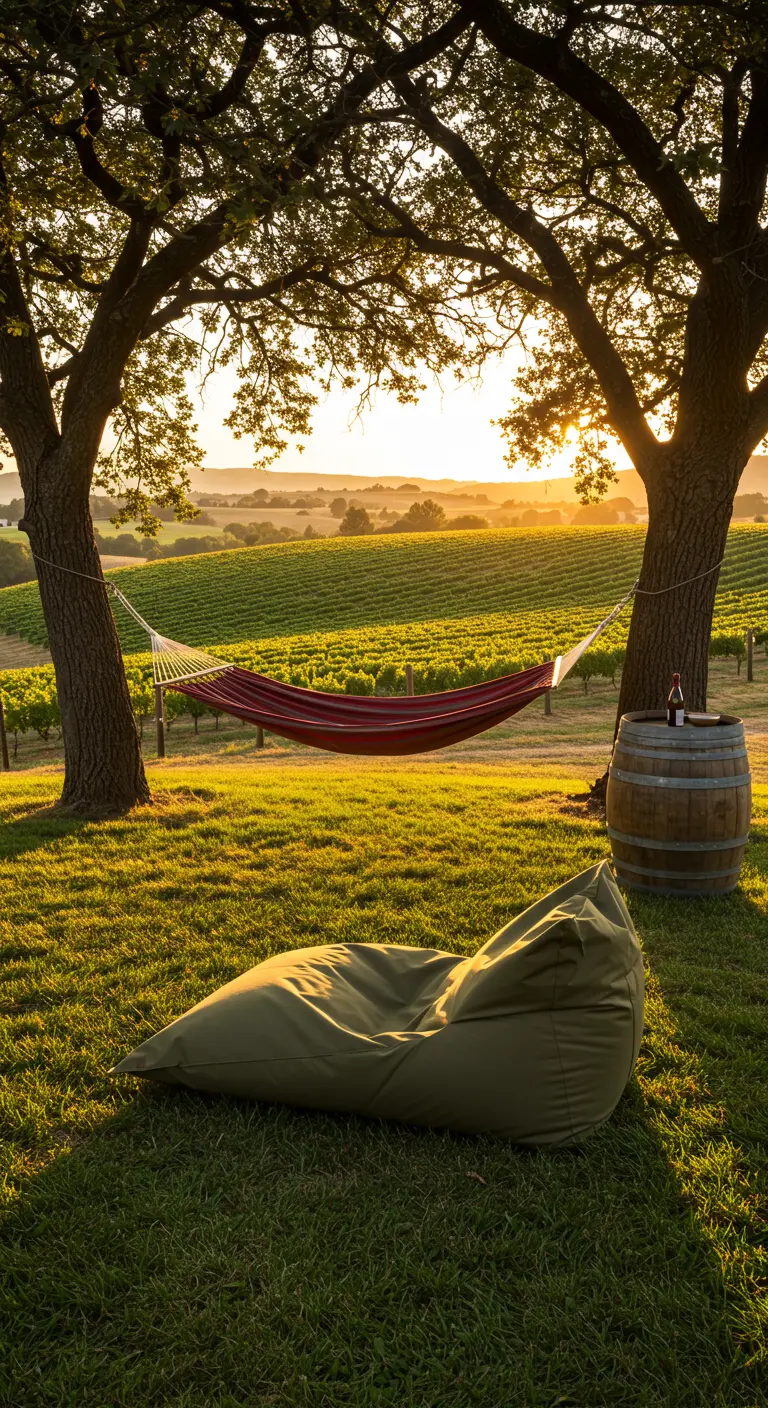 Hamac et pouf vert installés face à un vignoble au coucher du soleil.