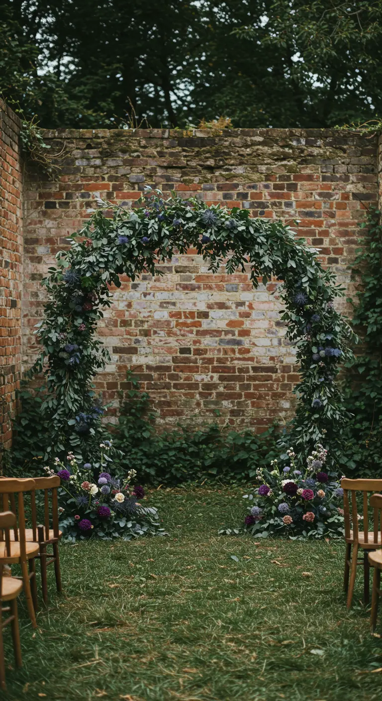 Arche florale incurvée avec un feuillage sombre et des fleurs violettes et bleues.