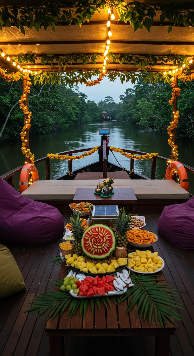 Buffet de fruits tropicaux sur un bateau décoré de guirlandes de fleurs.