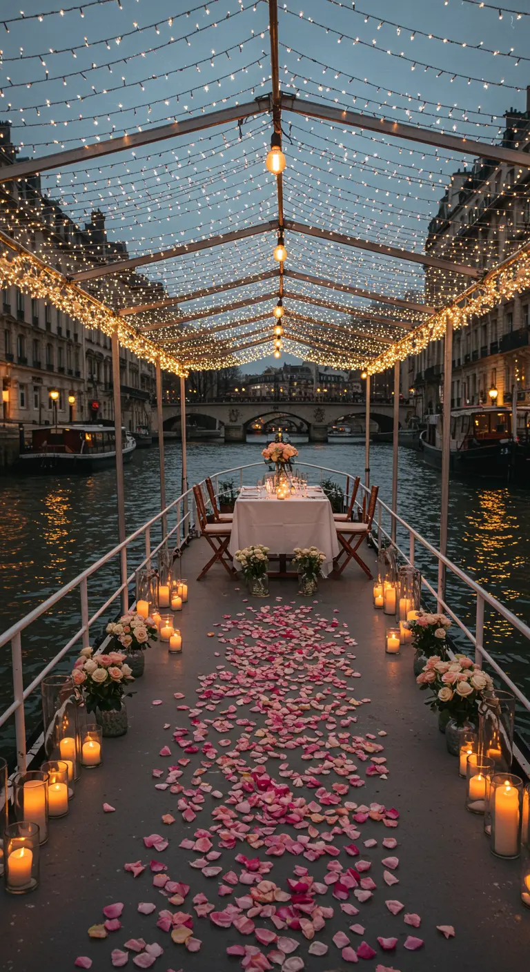 Dîner romantique sur un bateau-mouche parisien illuminé la nuit.