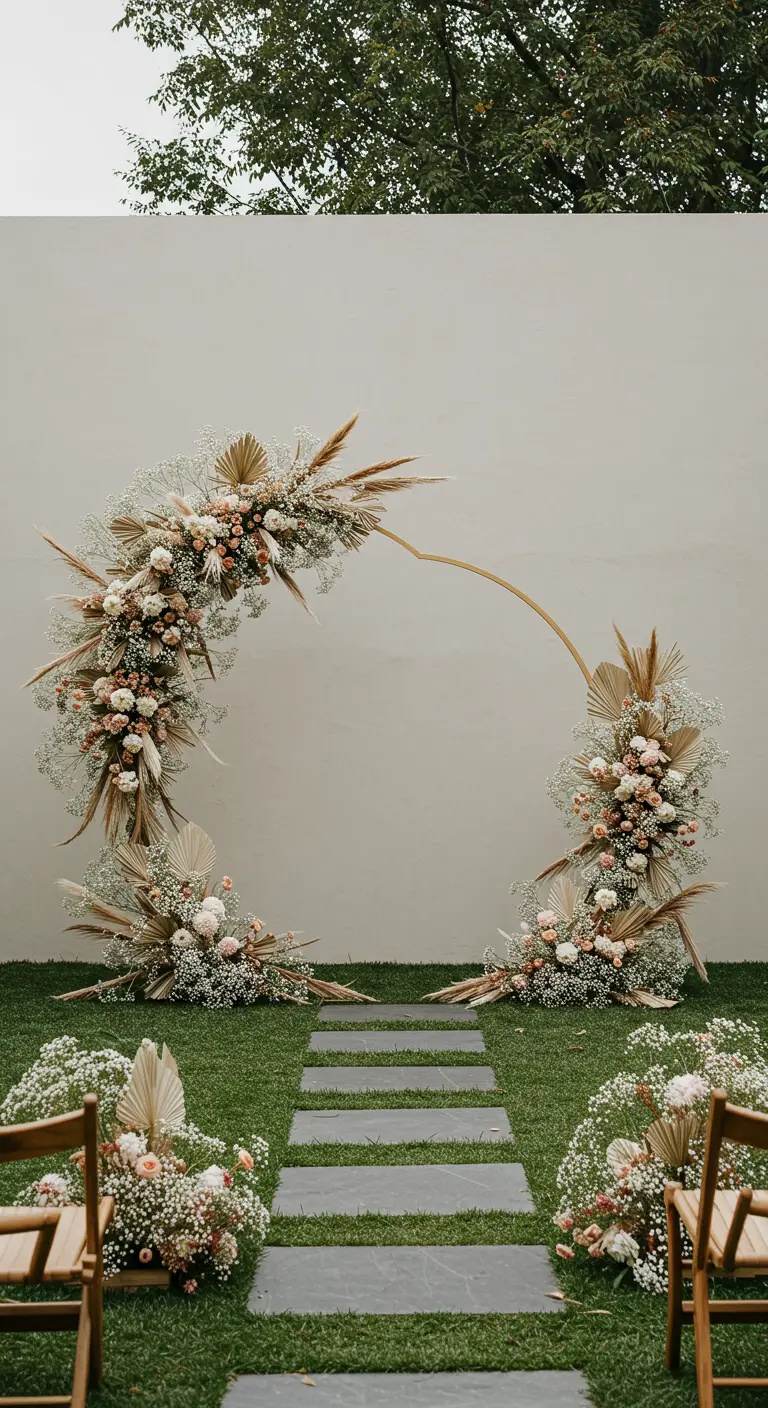 Arche dorée en forme de demi-cercle asymétrique avec gypsophile et fleurs séchées.