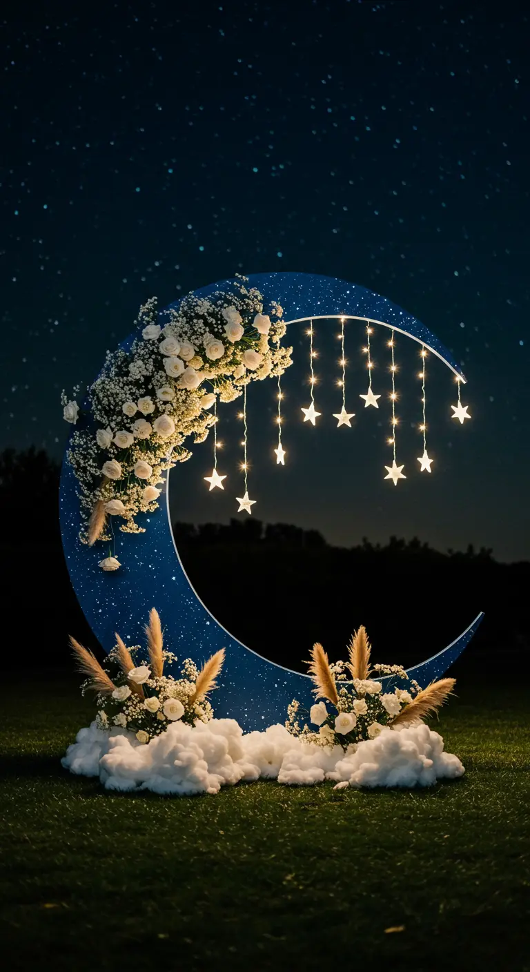 Arche en forme de croissant de lune bleu avec des fleurs blanches et des étoiles lumineuses.