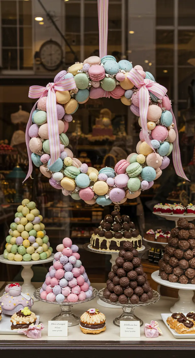 Couronne entièrement composée de macarons multicolores dans une vitrine de pâtisserie.
