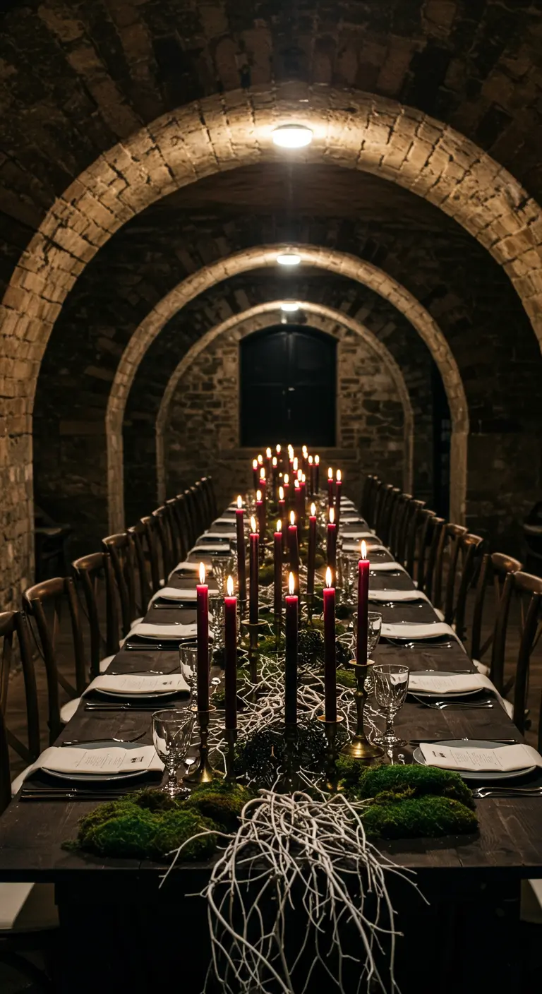 Table de mariage dans une cave en pierre avec un centre de table en mousse et des bougies rouges.