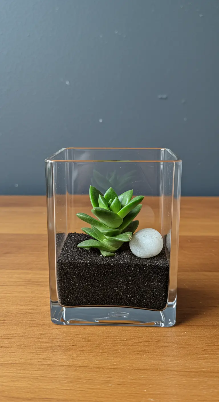 Petit terrarium cubique avec une succulente et un galet blanc sur gravier noir.