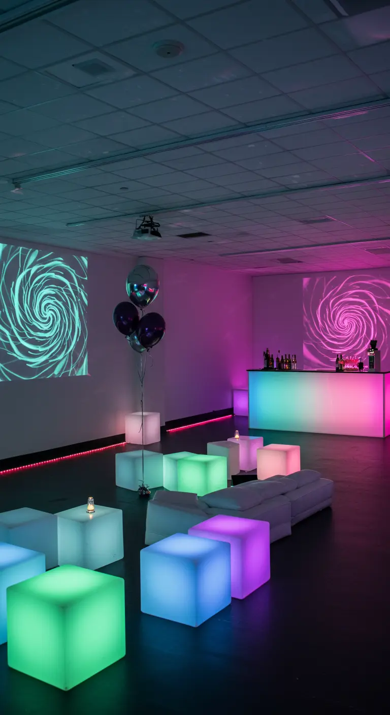 Salle de fête avec des cubes lumineux servant de sièges et de tables, et des projections psychédéliques sur les murs.