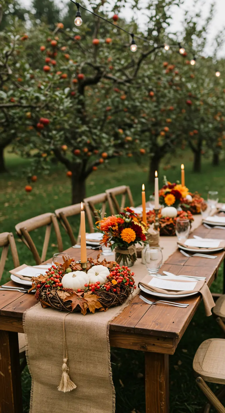 Centre de table automnal avec couronne, mini citrouilles et baies rouges