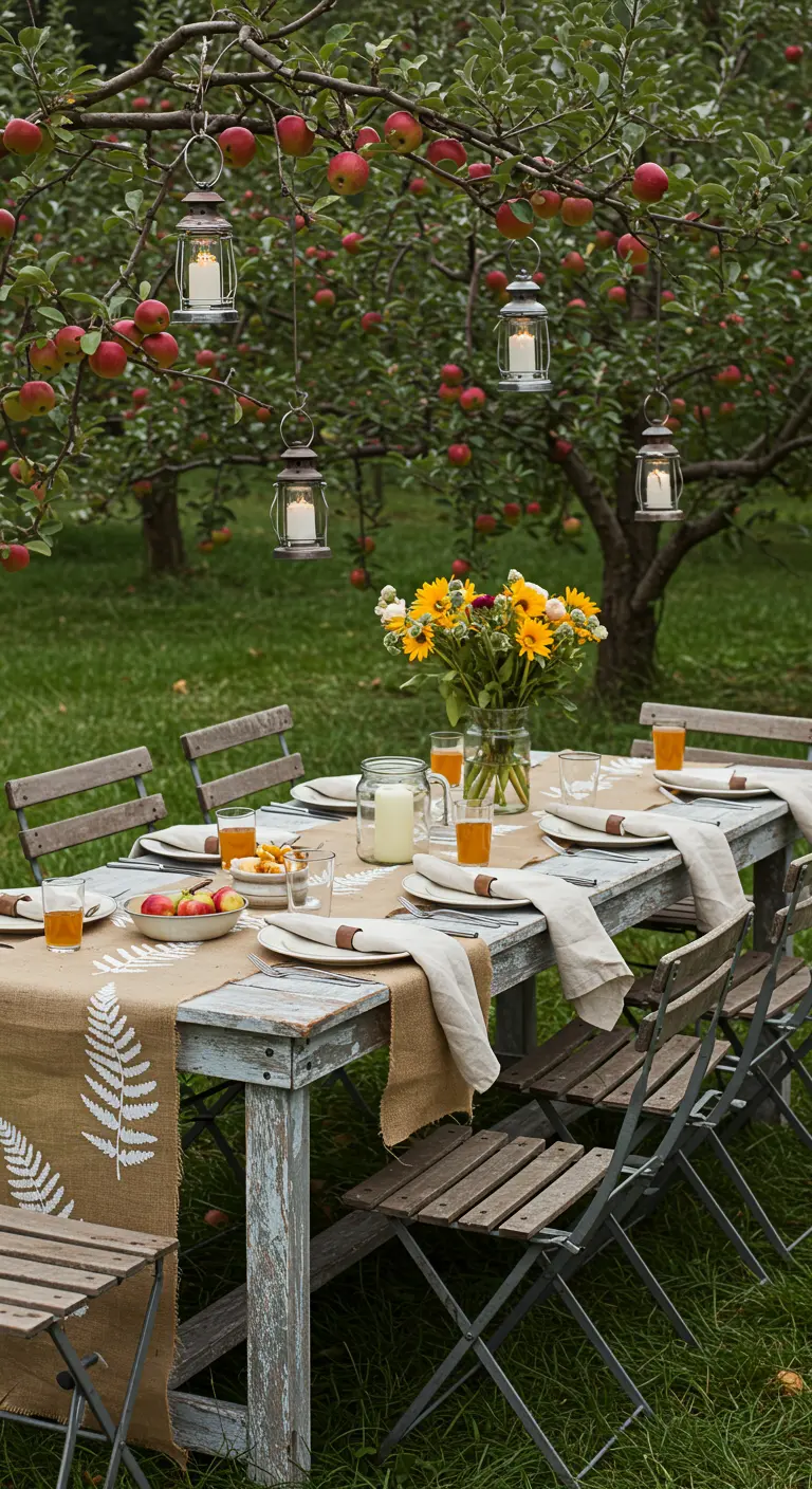 Table dans un verger avec chemin de table en toile de jute à motif de fougère.