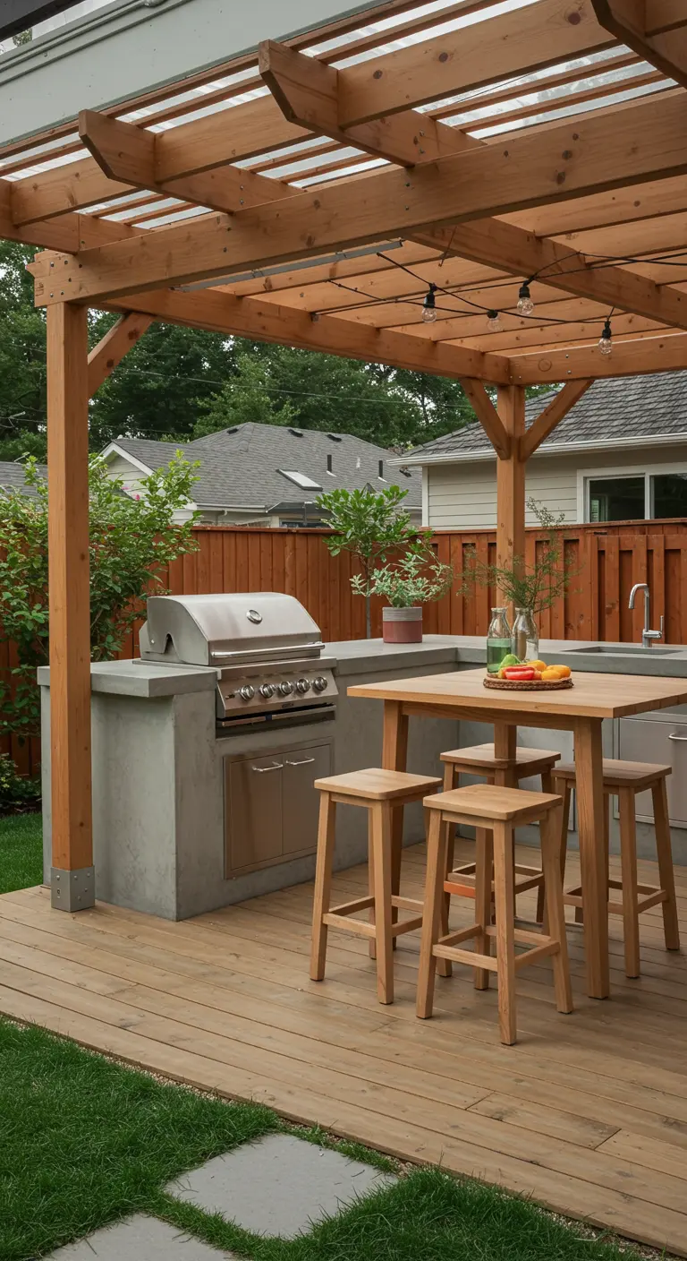 Pergola en bois avec toit transparent au-dessus d'une cuisine d'été avec barbecue.