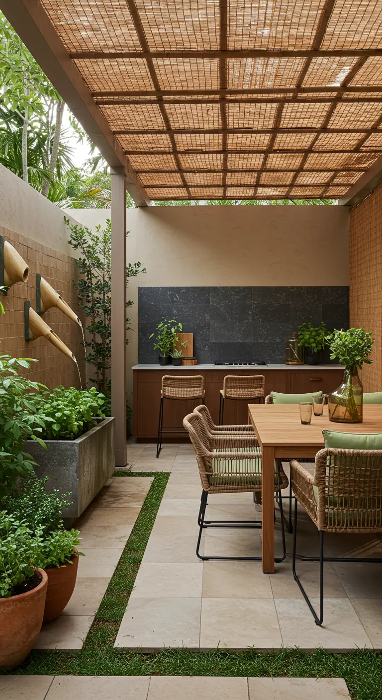 Salle à manger extérieure avec toit en bambou, cuisine, et des jets d'eau muraux.