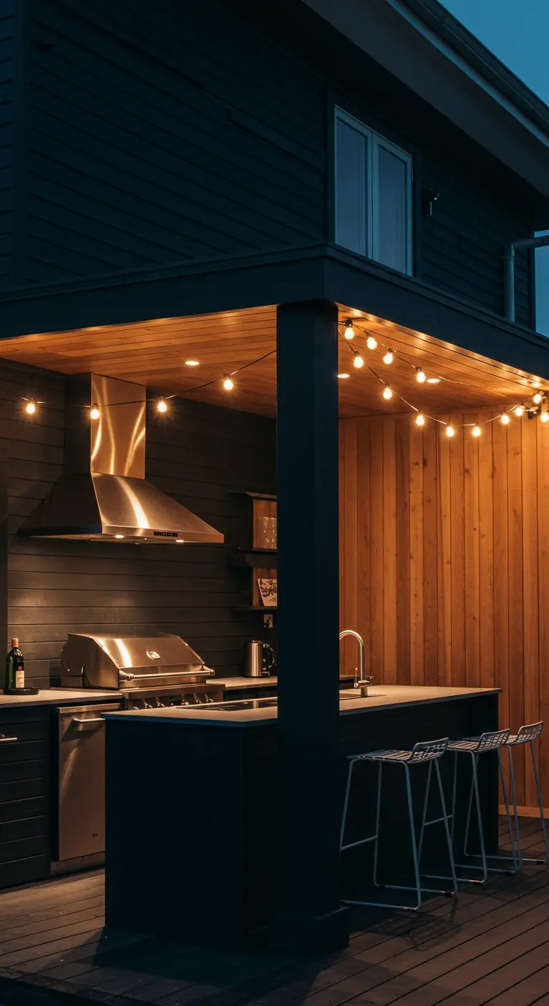 Cuisine d'extérieur moderne avec barbecue, comptoir et guirlandes lumineuses suspendues.