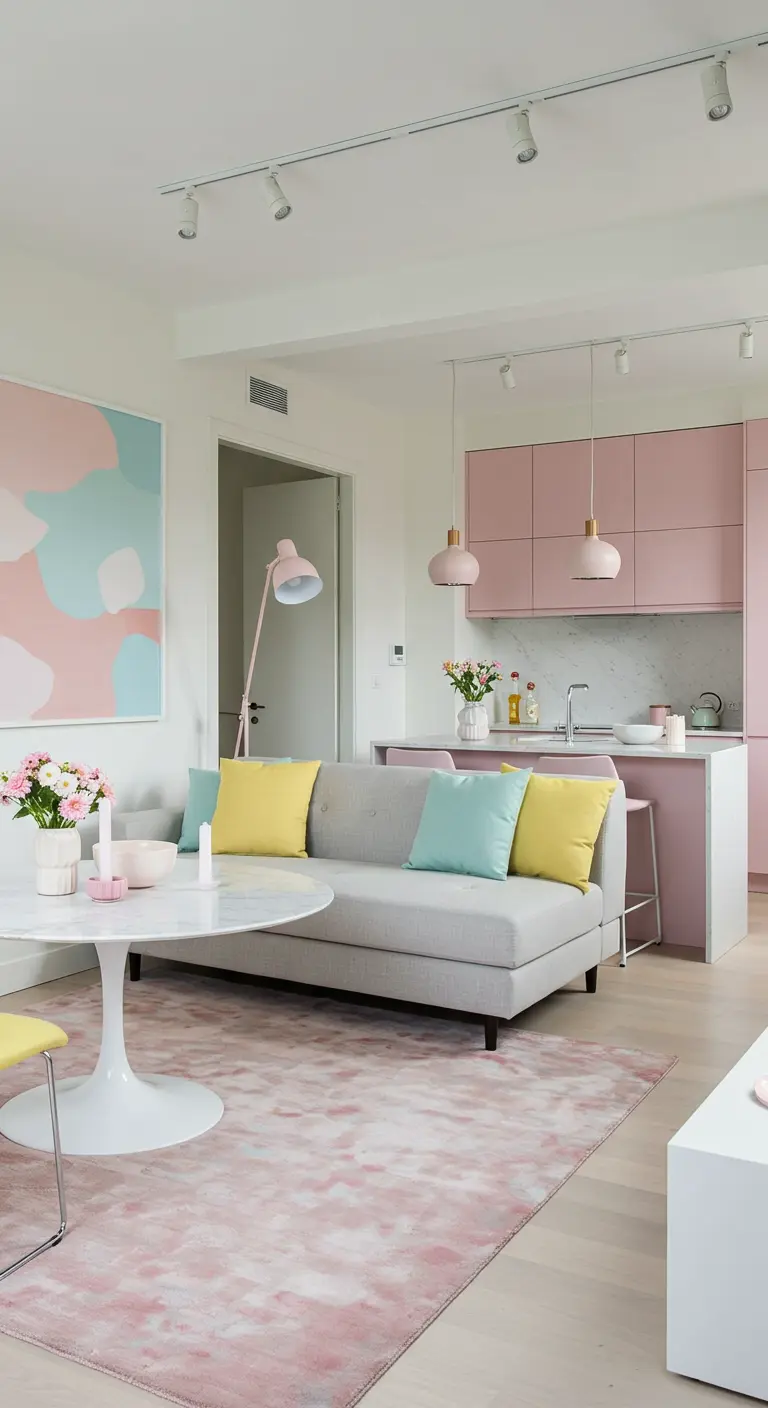 Cuisine rose pastel et salon ouvert avec canapé gris, coussins colorés et tapis doux.