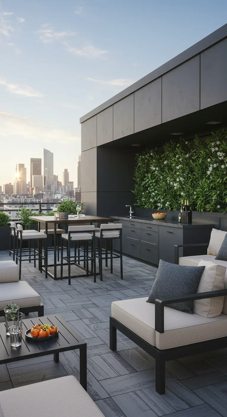 Toit-terrasse avec cuisine extérieure, bar et salon, et un mur végétal en arrière-plan.