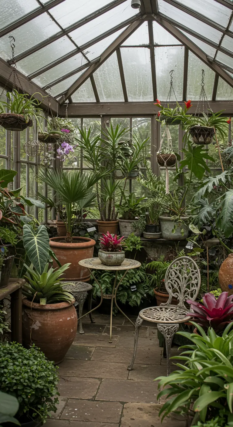 Intérieur d'une serre luxuriante remplie de diverses plantes dans des pots en terre cuite vieillis.