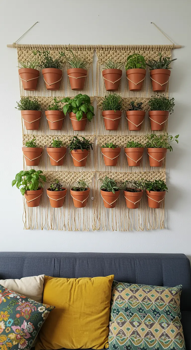 Grand support mural en macramé tenant de nombreux petits pots en terre cuite avec des herbes.