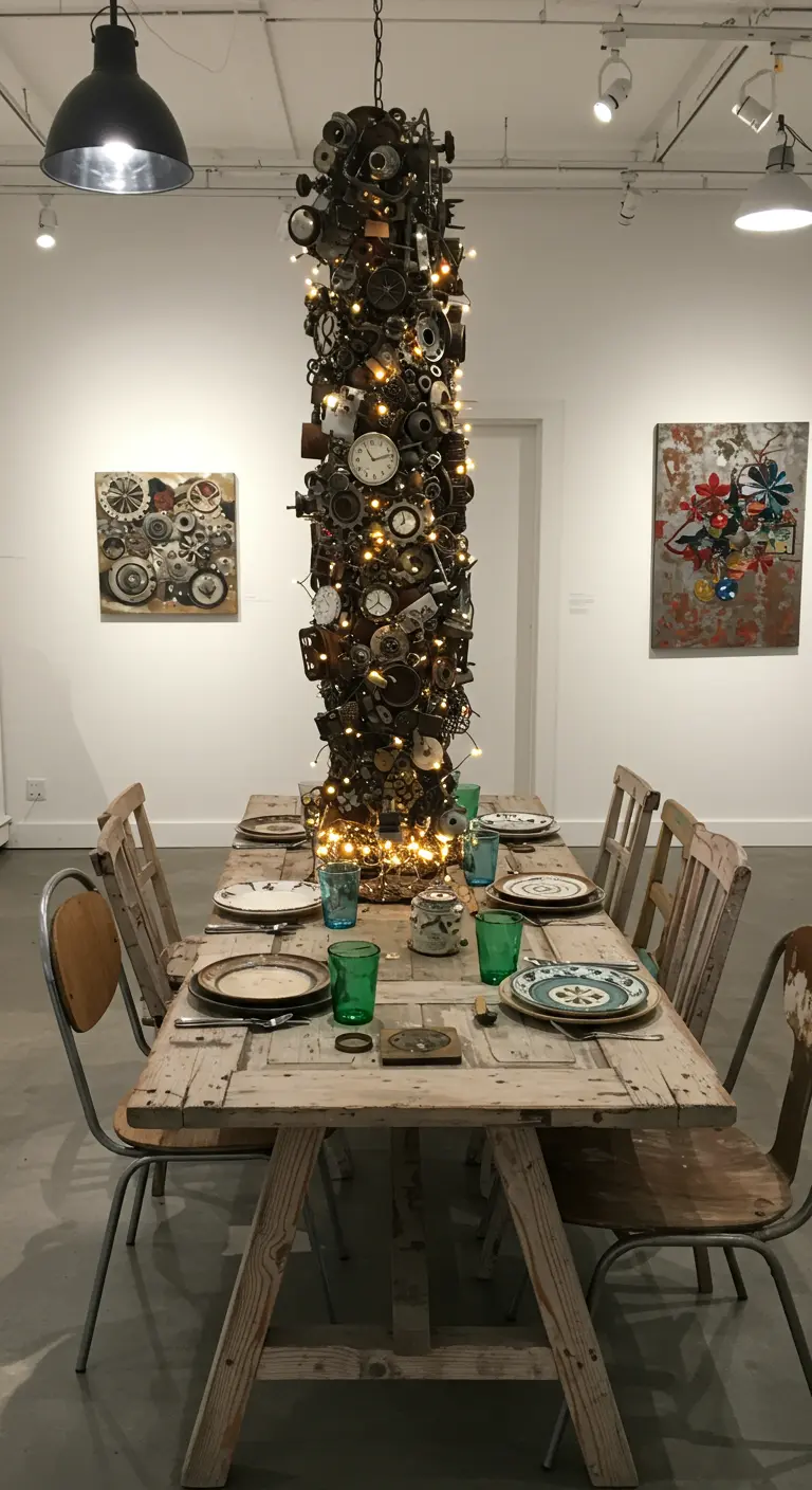 Table industrielle avec un grand centre de table vertical fait de pièces mécaniques recyclées et de lumières LED.