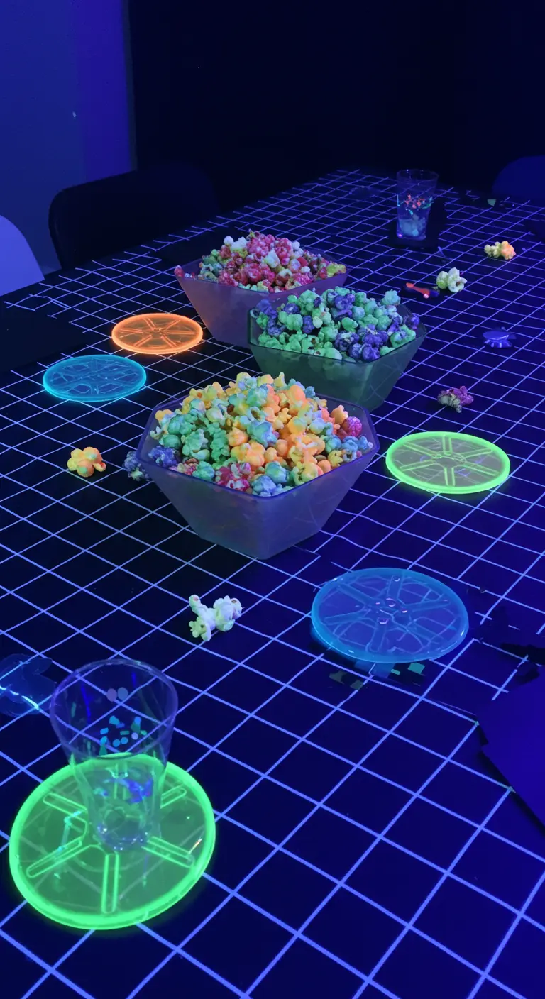 Table néon futuriste avec nappe à carreaux lumineuse, pop-corn multicolore et sous-verres LED.