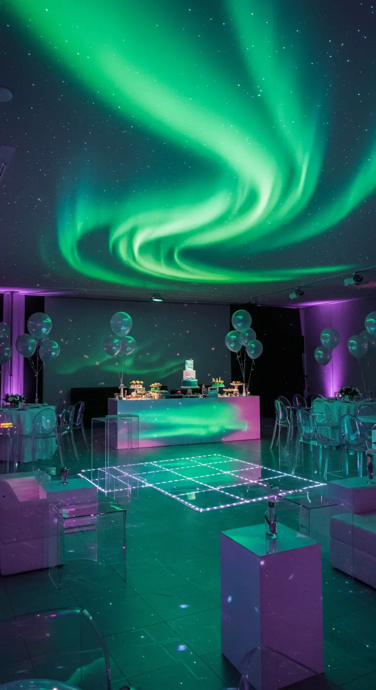 Salle de fête futuriste avec des lasers verts, des boules disco chromées, des meubles transparents et des ballons métallisés.