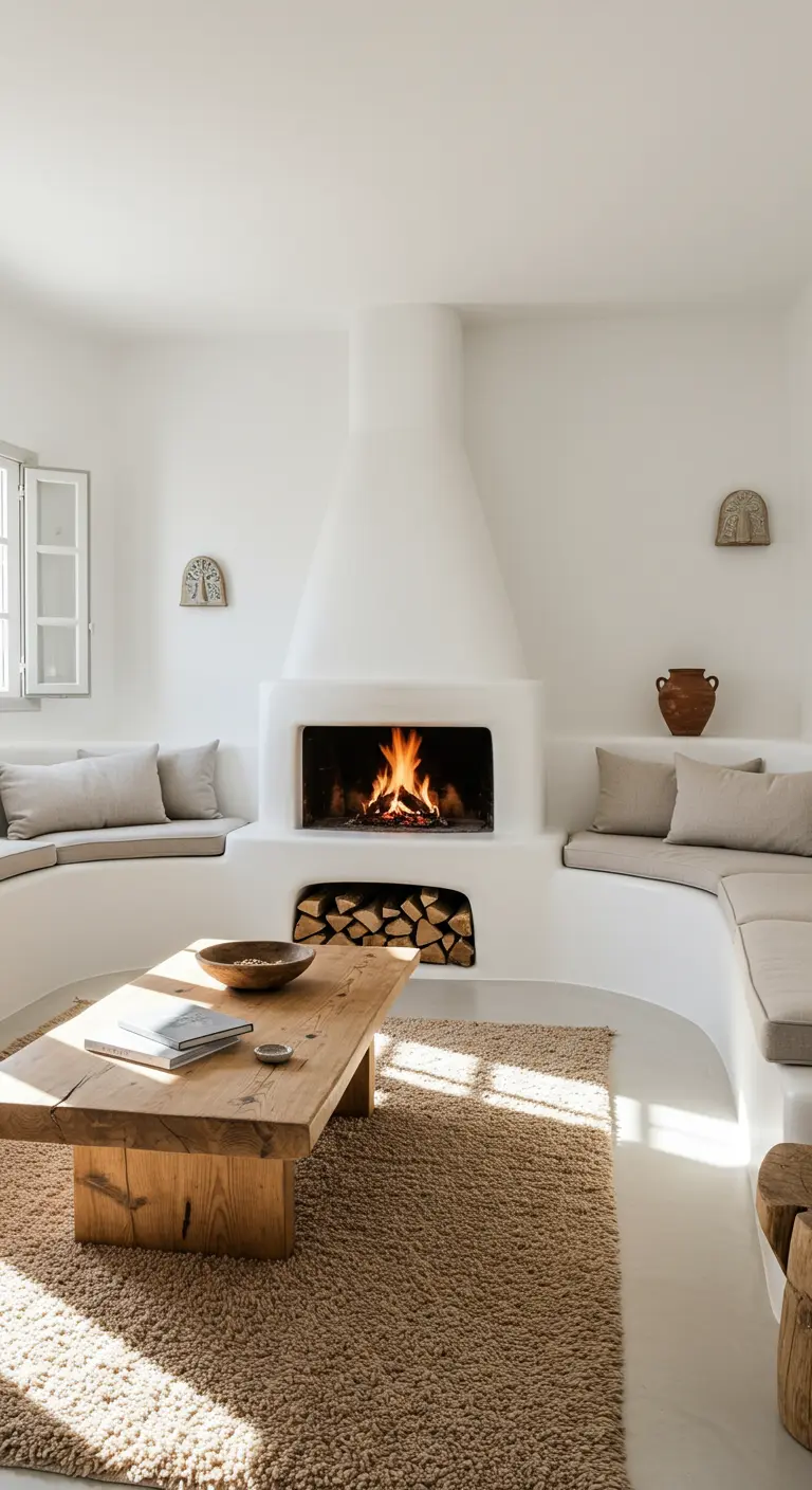 Salon de style méditerranéen avec cheminée en plâtre blanc et banquettes intégrées.