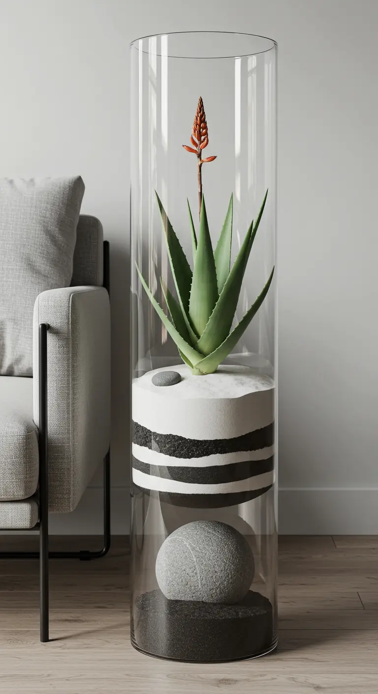 Terrarium cylindrique haut avec un aloès, couches de sable noir et blanc, et un galet rond.