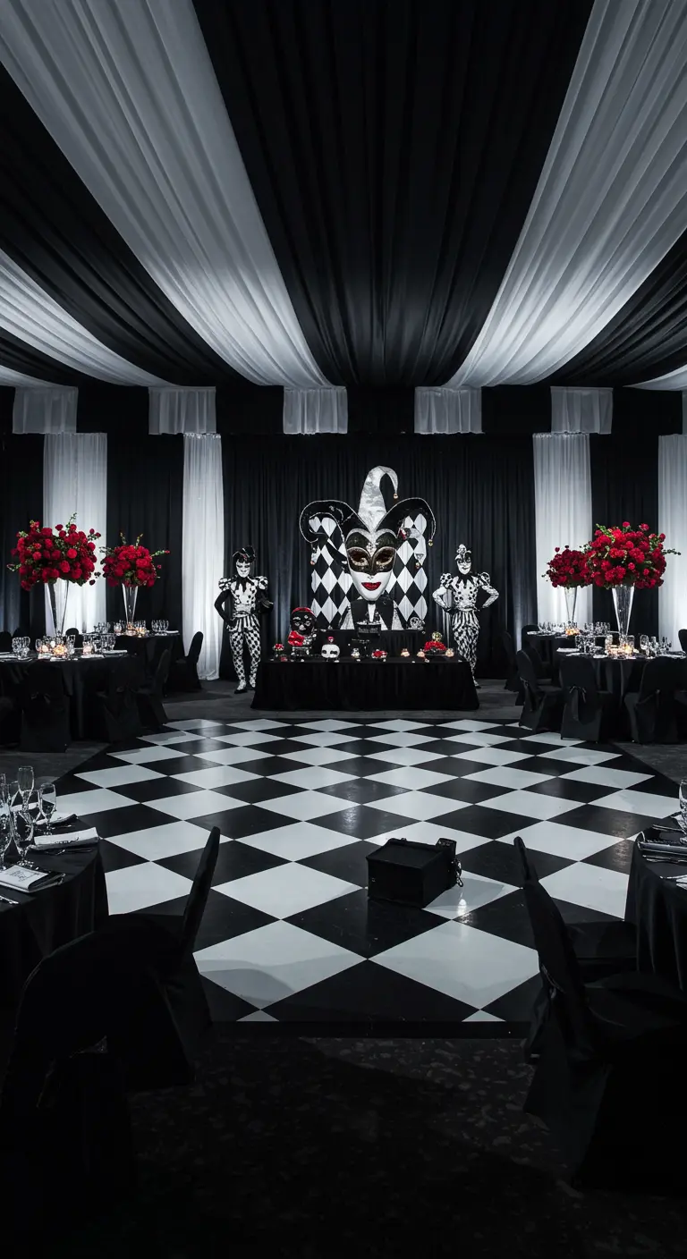 Salle de bal sur le thème Arlequin avec une piste de danse en damier noir et blanc.