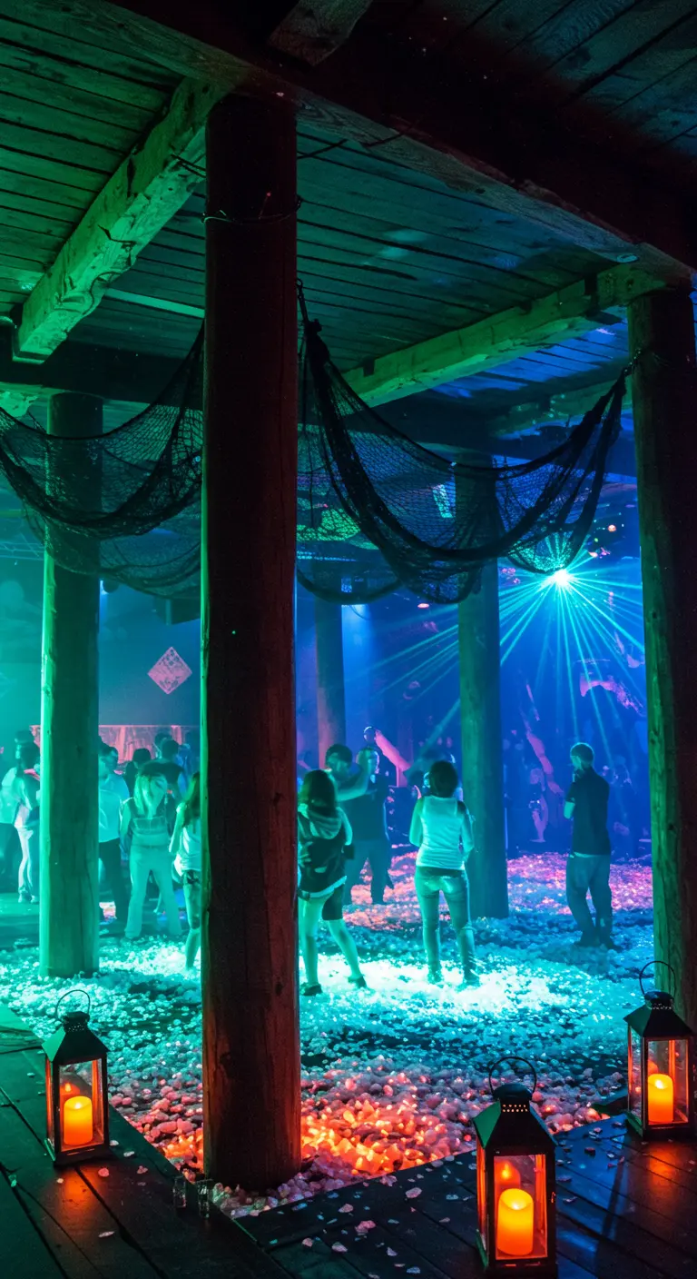 Piste de danse avec des filets de pêche tendus entre des piliers en bois.