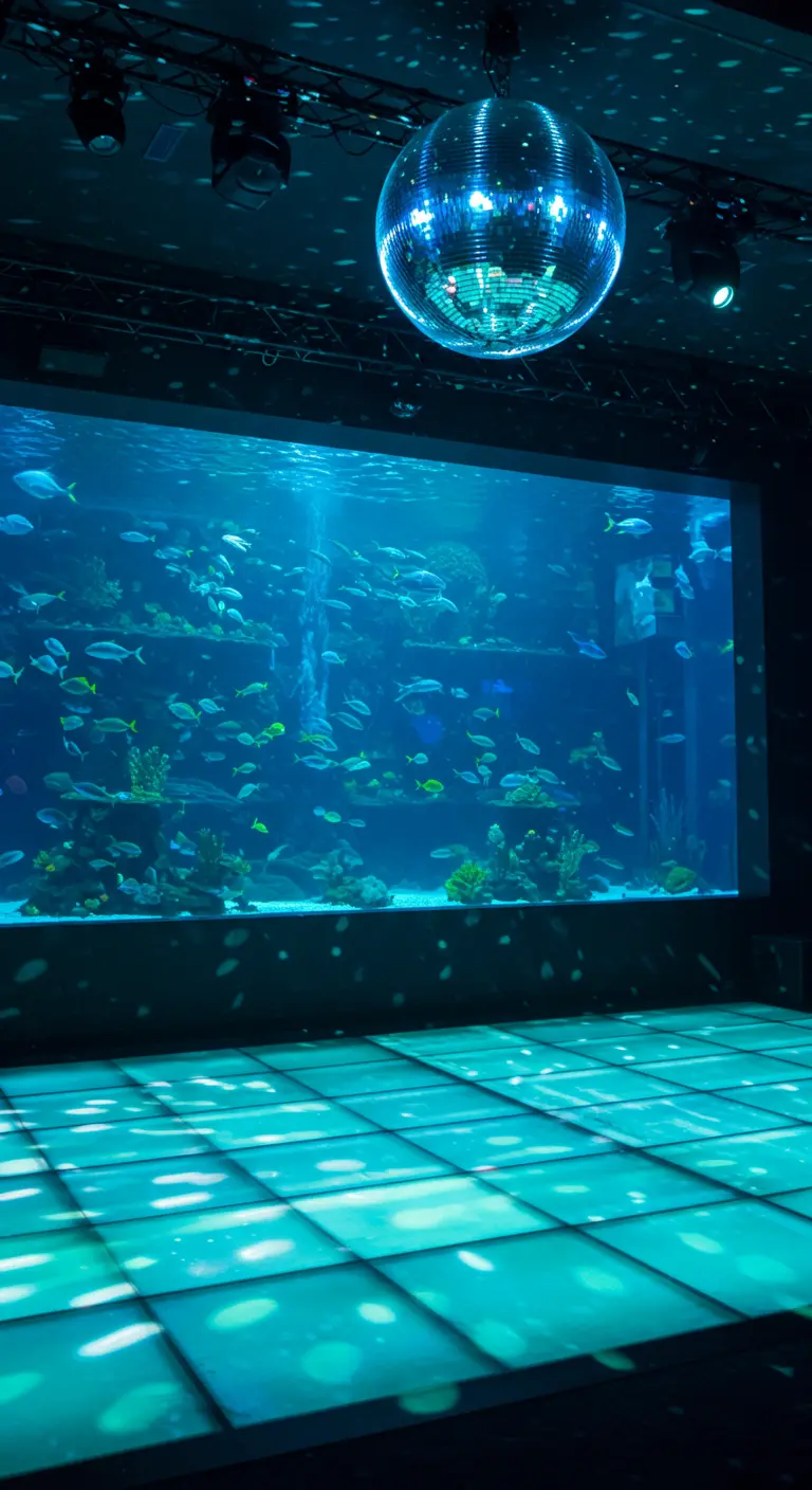 Une piste de danse disco devant un grand aquarium, créant des reflets bleutés.