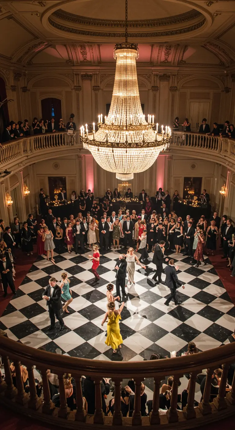 Une grande salle de bal avec une piste de danse en damier noir et blanc.