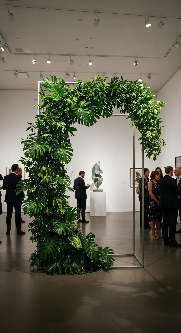 Arche rectangulaire en métal recouverte de grandes feuilles de Monstera dans une galerie d'art.