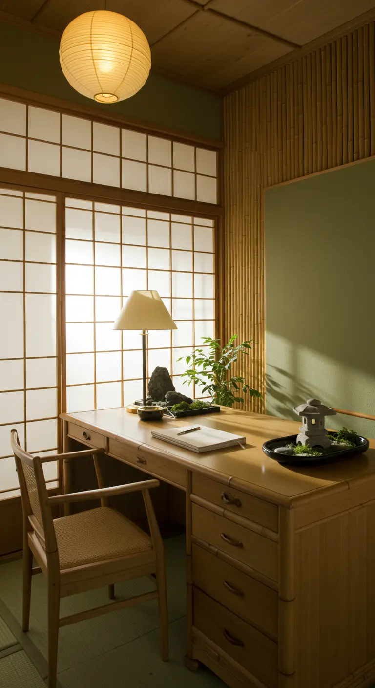 Bureau zen avec écrans Shoji, lambris bambou, lampe de table et mini jardin japonais