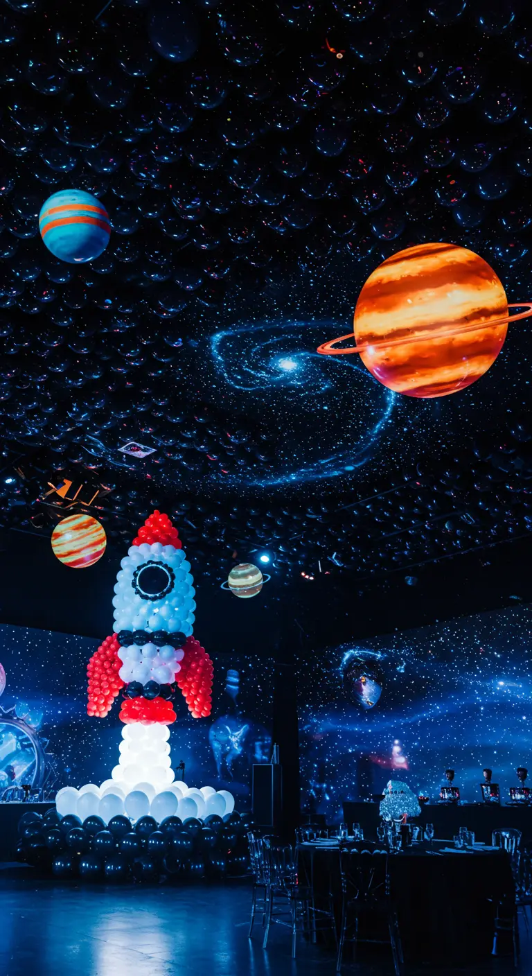 Une fusée en ballons rouges et blancs décollant dans une salle au décor d'espace étoilé.