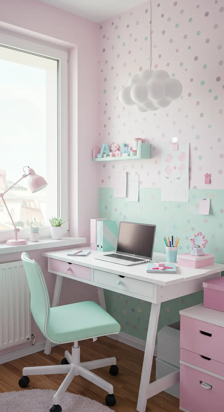 Bureau enfantin rose et menthe avec mur à pois, bureau assorti et chaise turquoise